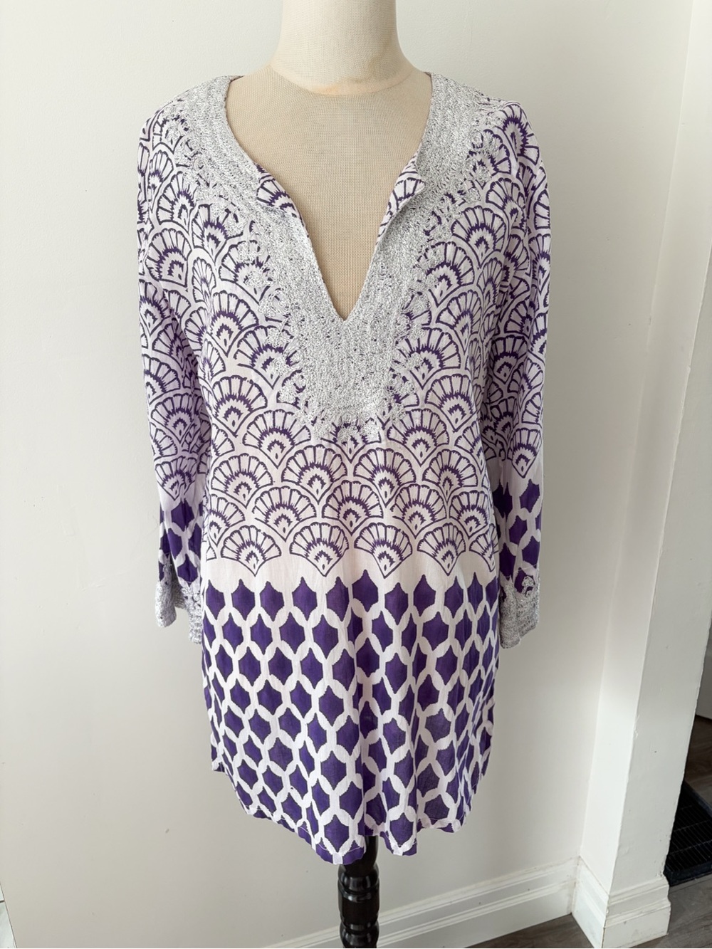 Roberta Roller Rabbit Purple and White Patterned Coverup, Size L - 100% Cotton